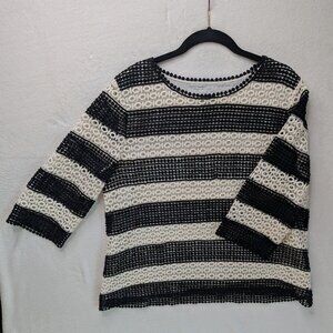 Talbots Black and White Embroidered Striped Blouse Size L petite